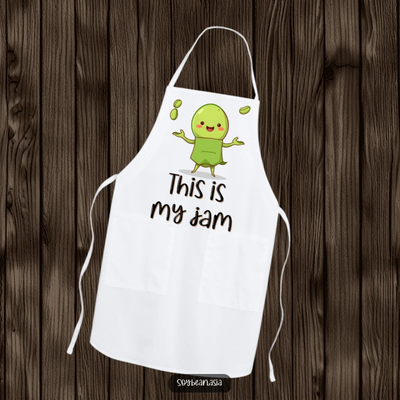 Funny edamame pod character in a green apron, juggling beans on a chef's apron, adding humor to cooking.