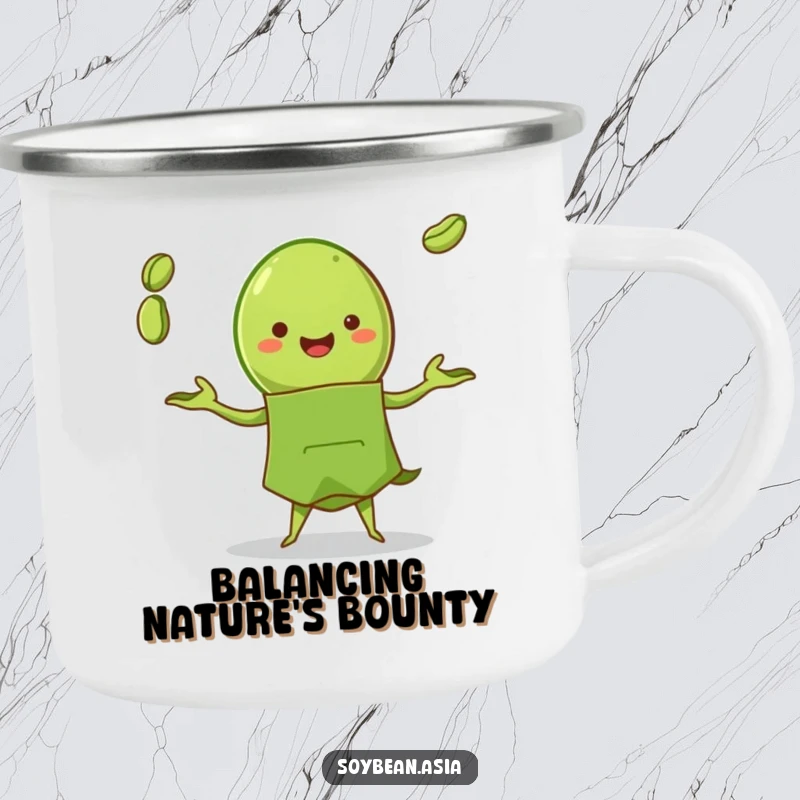Funny edamame pod character in a green apron, juggling beans on an enamel camping mug, for outdoor enthusiasts.