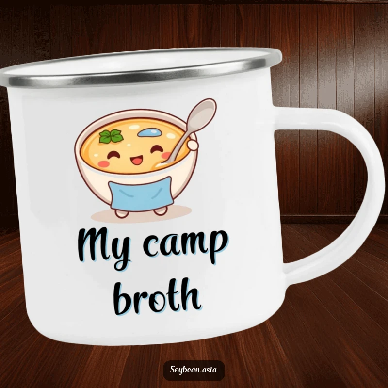 Funny, cheerful miso soup bowl character in a blue apron, holding a large spoon on an enamel camping mug, outdoorsy and fun.