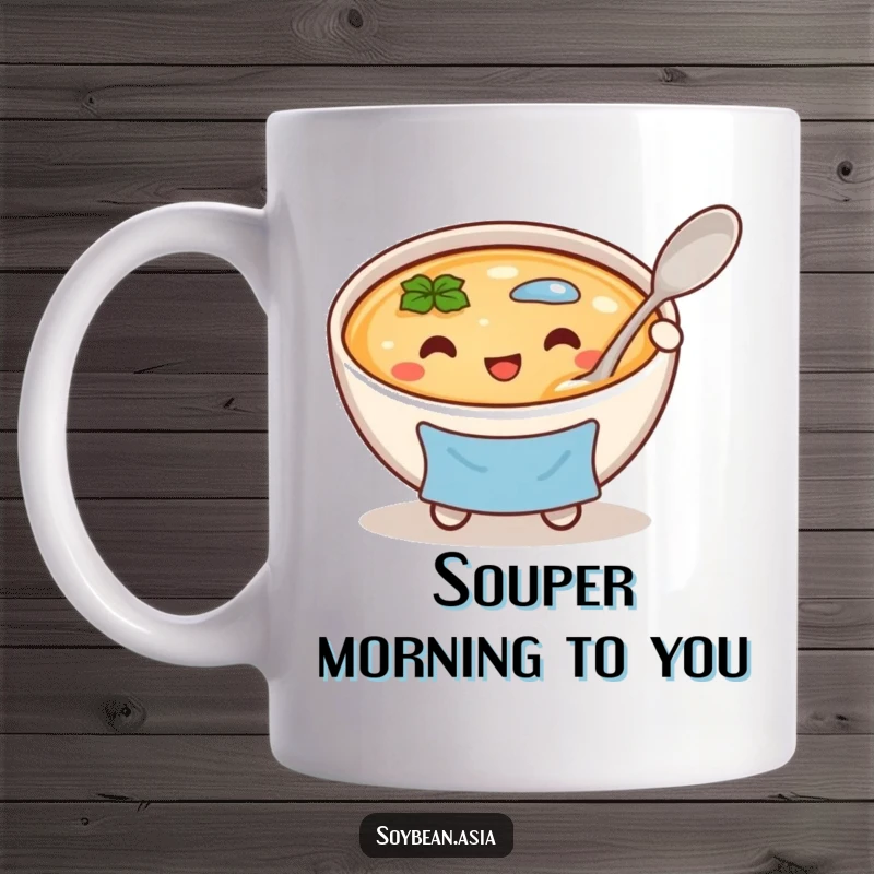 Funny, cheerful miso soup bowl character in a blue apron, holding a large spoon on a mug, perfect for soup lovers.