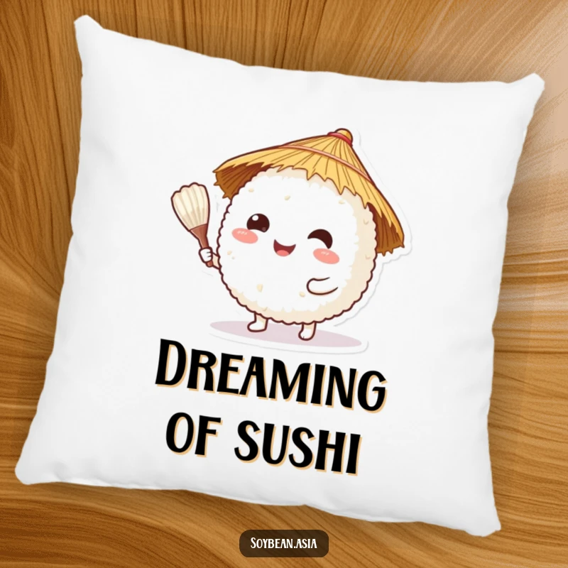 Funny, happy rice ball character in a straw hat, offering a rice paddle on a plush pillow, for ultimate comfort.