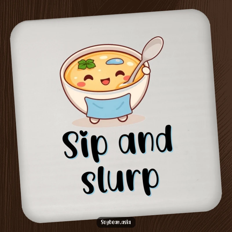 Funny, cheerful miso soup bowl character in a blue apron, holding a large spoon on a drink coaster, for stylish protection.