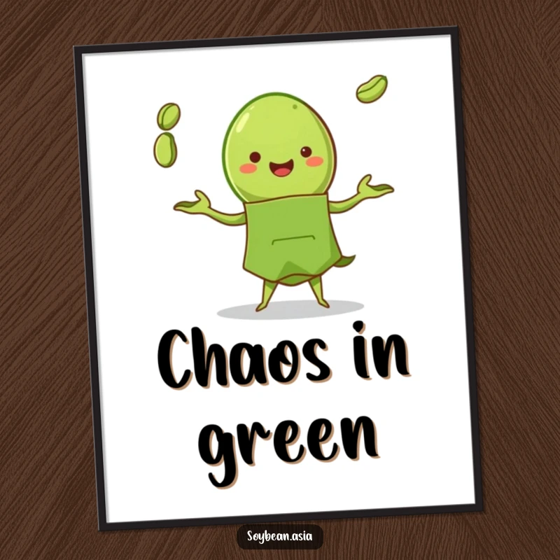 Funny edamame pod character in a green apron, artfully juggling beans on a decorative poster, bringing kitchen cheer.