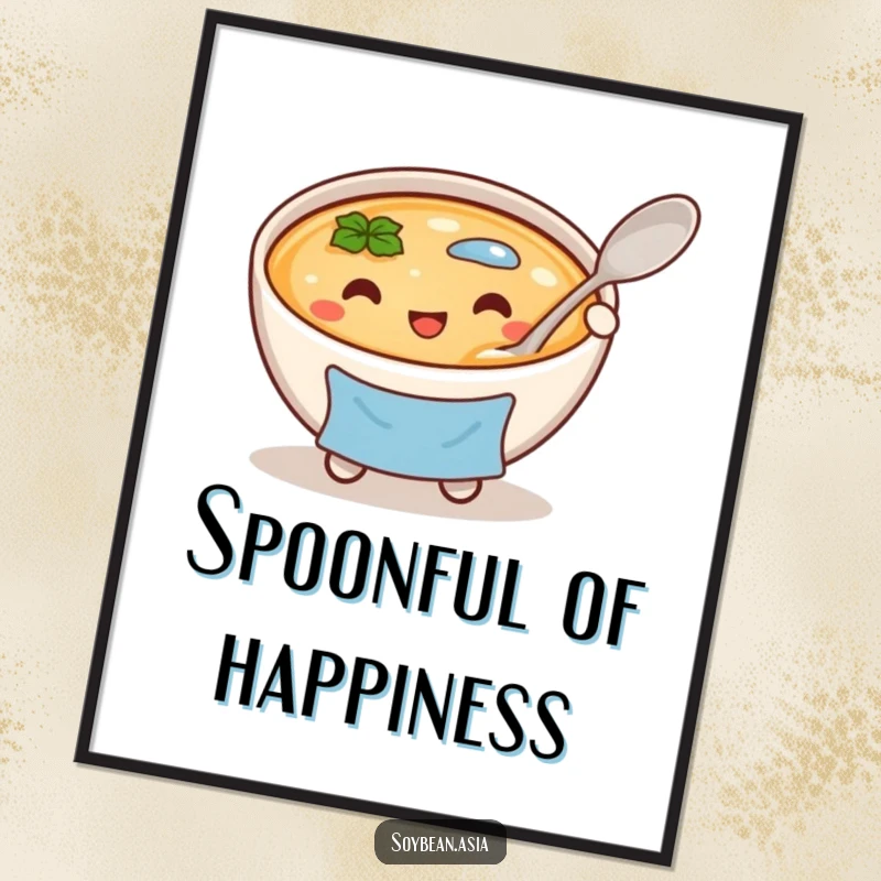 Funny, cheerful miso soup bowl character in a blue apron, holding a large spoon on a decorative poster, adding kitchen warmth.