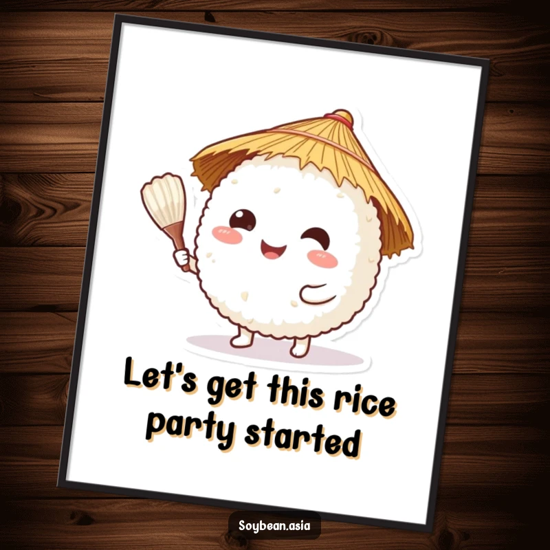 Funny Free Printable Wall Art: A happy rice ball wearing a straw hat offers a rice paddle, bringing cheerful and humorous decor.