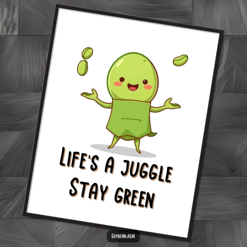 Funny Free Printable Wall Art: A happy edamame pod in a green apron energetically juggling three beans, a comical and downloadable art piece.