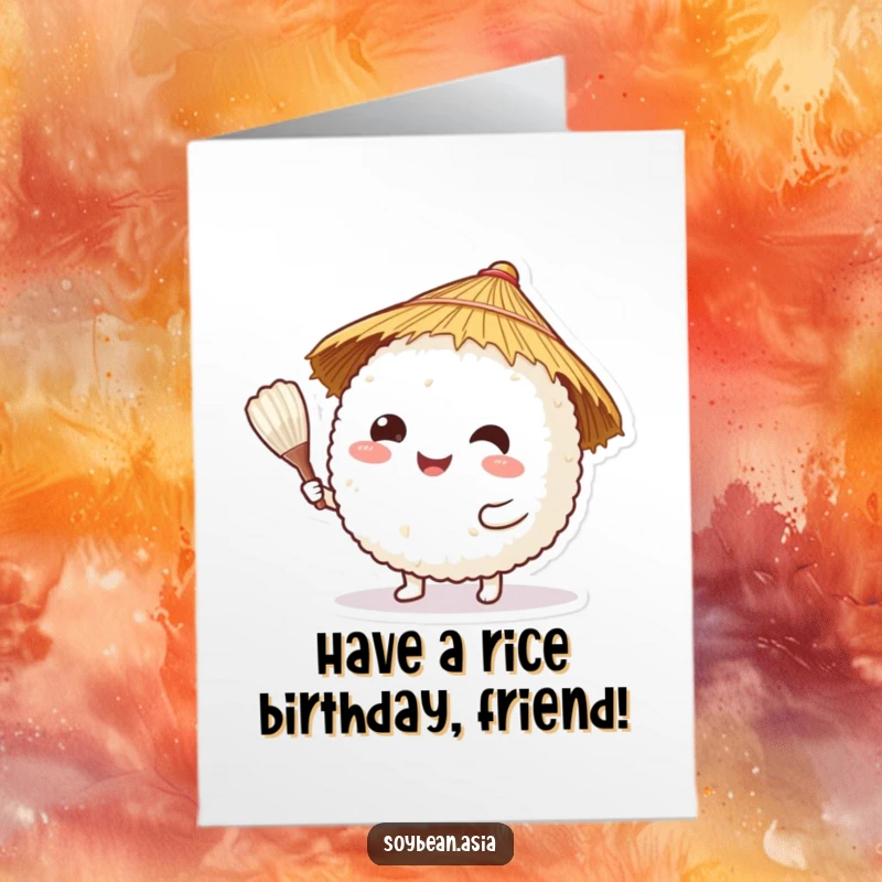 Funny Free Printable Birthday Card: A happy rice ball in a straw hat offers a rice paddle, wishing a fun and humorous birthday.