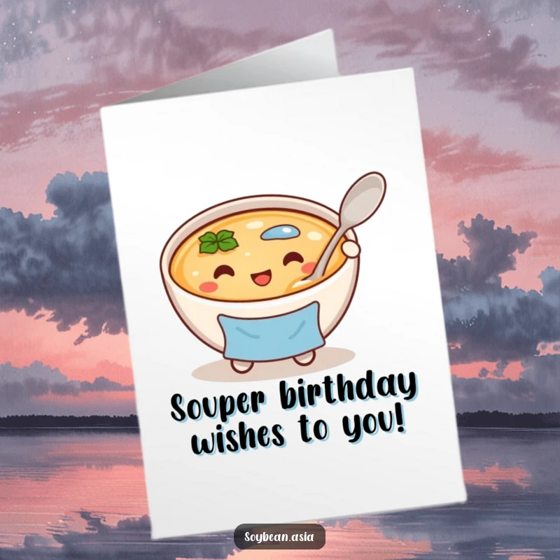 Funny Free Printable Birthday Card: A cheerful miso soup bowl in a blue apron holding a big spoon, wishing a hilarious happy birthday.
