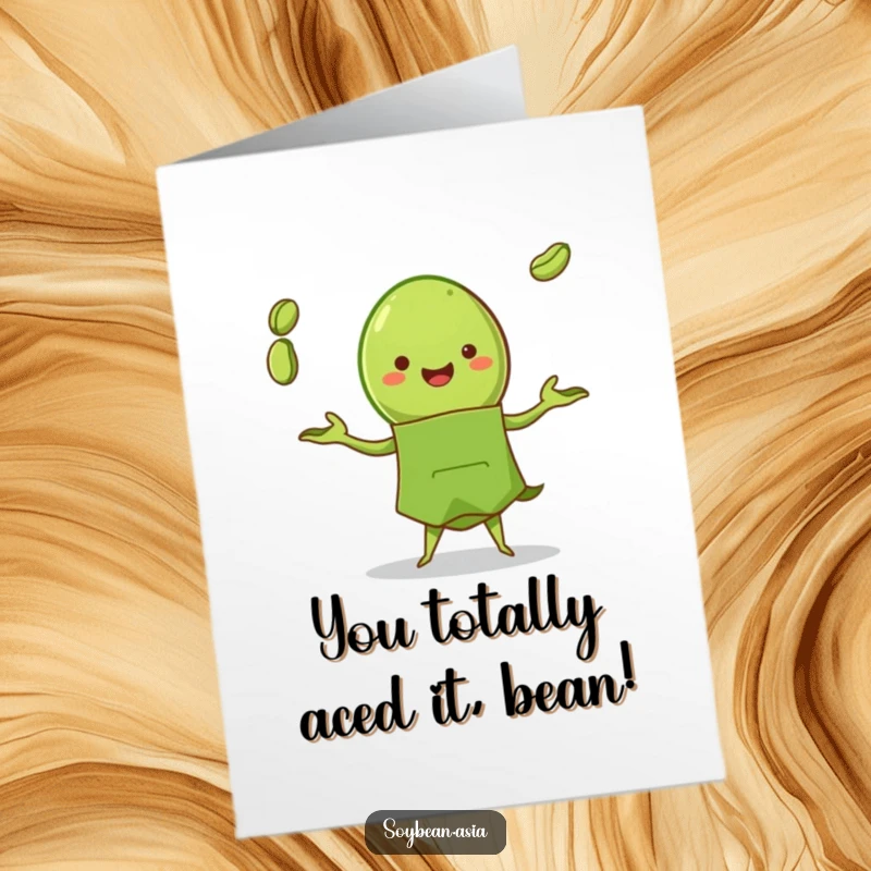 Funny Free Printable Congratulations Card: A smiling edamame pod juggling beans, a cheerful way to express your congratulations, ready to download.