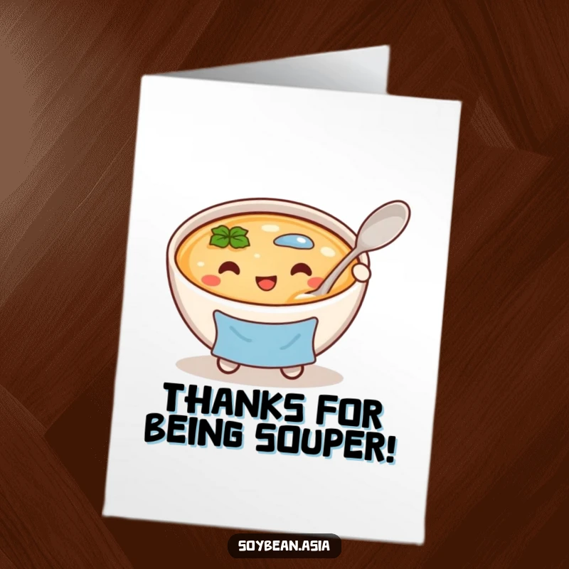 Funny Free Printable Thank You Card: A cheerful miso soup bowl holding a large spoon offers a warm and humorous thank you message.