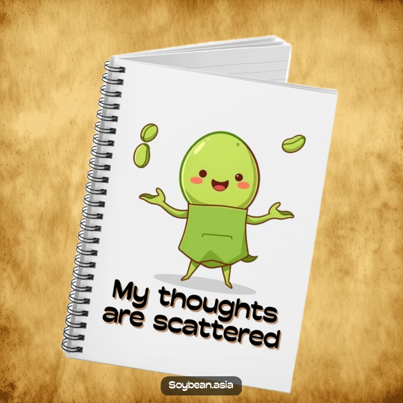 Funny edamame pod character in a green apron, juggling beans on a lined notebook cover, for jotting notes humorously.