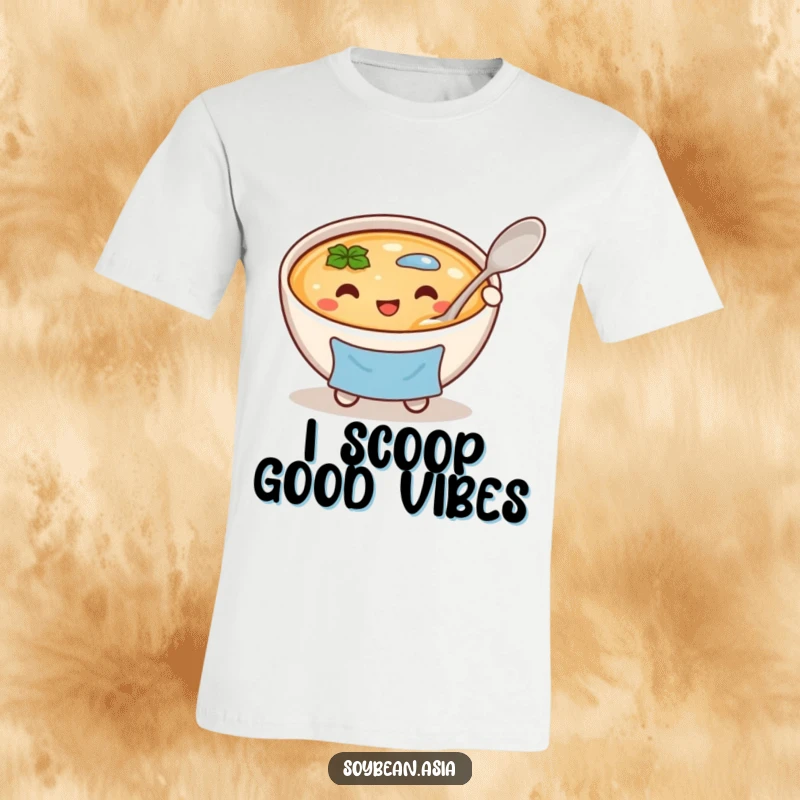 Funny, cheerful miso soup bowl character in a blue apron, holding a large spoon on a t-shirt, celebrating comfort food.
