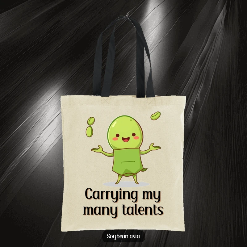 Funny edamame pod character in a green apron, juggling beans on a durable tote bag, a practical and humorous accessory.