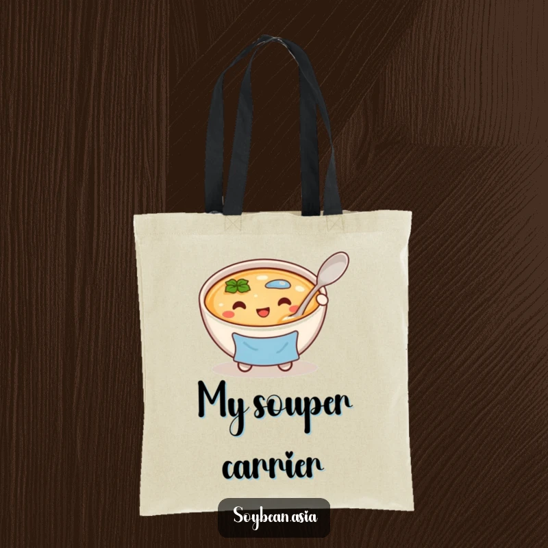 Funny, cheerful miso soup bowl character in a blue apron, holding a large spoon on a tote bag, functional and fun.